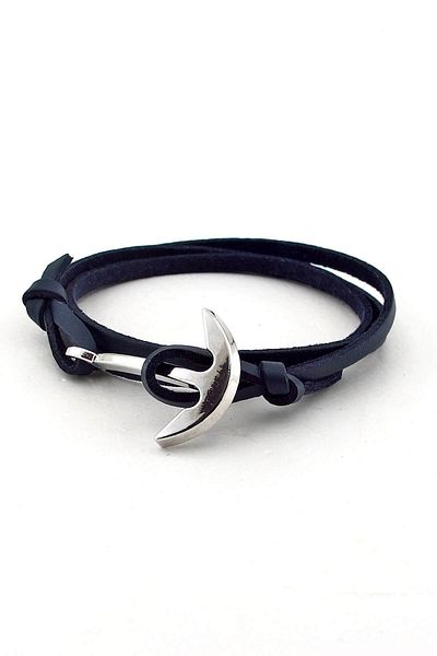Solfera Men's Navy Blue Leather Wrapped Anchor Bracelet BT297