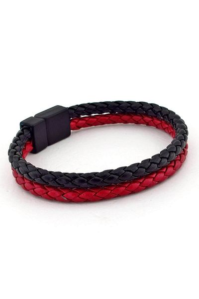 Solfera Men's Red Black Leather Double Sira Black Clip Bracelet BT530