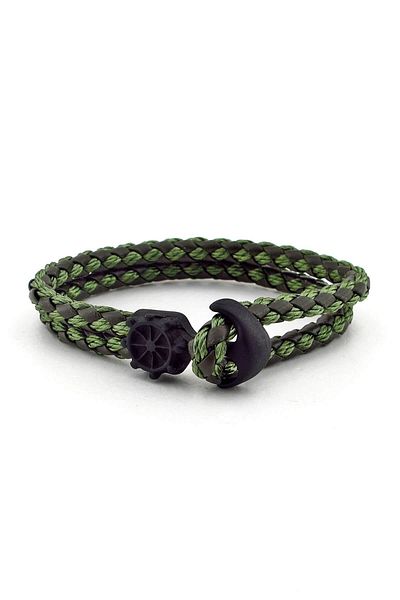 Solfera Men's Black Anchor Green Braided Leather Bracelet Bt260