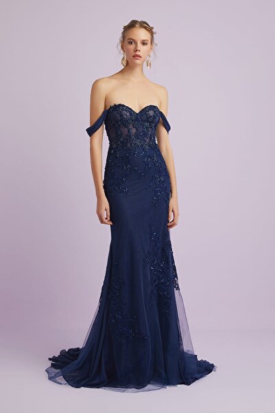 Oleg Cassini Women's Navy Blue Strappy Sequin Embroidered Evening Dress 4XLVC4688