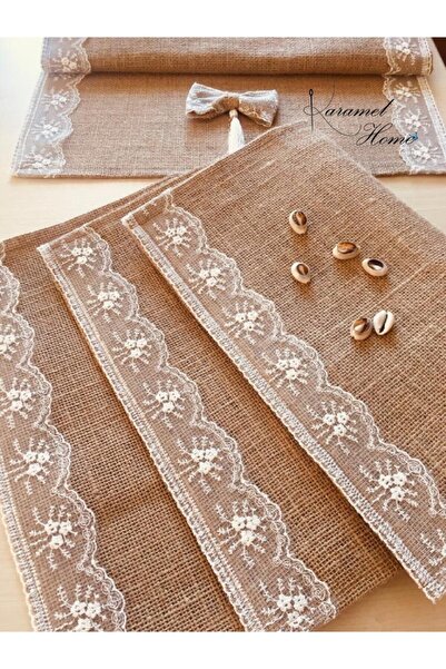 BiDünya Dantelli El Yapımı Jüt Kumaş Runner Ve 6'lı Amerikan Servis Takımı