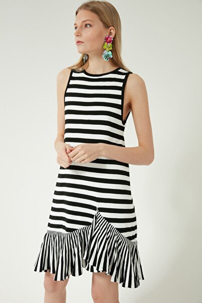 JOIN US Rochie de tricot cu volane cu dungi ecru pentru femei JU8S404