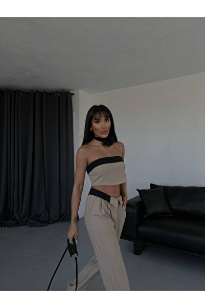 Rabury Butik Beige Crop Strapless Suit
