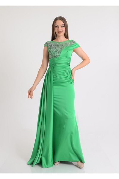 SpringStore Stone Printed Satin Evening Dress