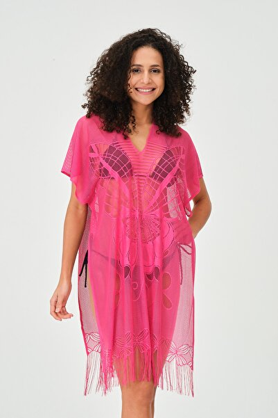 myfirstsea Pareo Lacy Butterfly Pattern And Plain Tassel Pareo Fuchsia Color Pareo For Beach And Pool