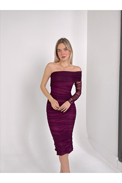 NARKO Laurest Burgundy Single Sleeve Tulle Fabric Lined Elegant Evening Dress...