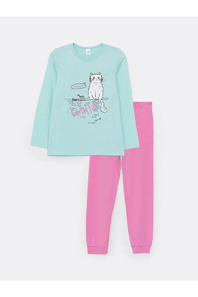 LC Waikiki Lcw Kids Crew Neck nyomtatott hosszú ujjú lány pizsama készlet