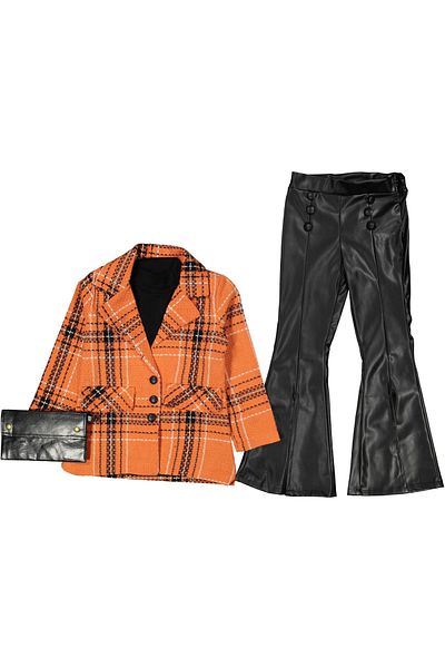 NMG KİDS Girl 6/12 Years Plaid Jacket with Leather Pants and Bag 3-Piece