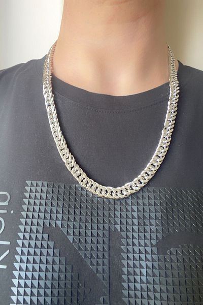 axexuar Stainless 316l Steel Women's Men's Thick Flat Knitted Model Chain Necklace Grey Silver 10 Mm 58 Cm
