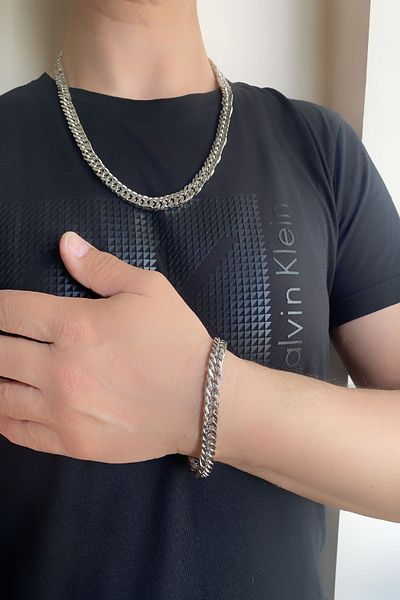 axexuar طقم قلادة وسوار من الفولاذ المقاوم للصدأ 316l للنساء والرجال سميك مسطح محبوك فضي لامع رمادي