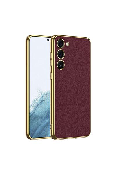 Rivor Samsung Galaxy S23 Uyumlu Kılıf Deri Görünümlü Kenarları Altın Renkli E...