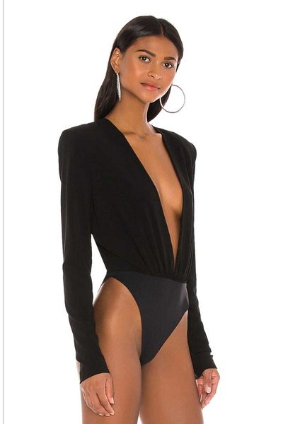 Zagrep Women's Black Padded Waist Drawstring Detailed Deep V Bodysuit Silk Jersey