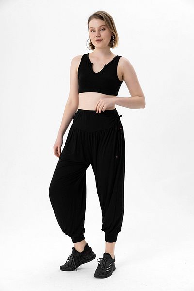 EtkiModa Women's Black Side Laced High Waist Cuffed Leg Baggy Trousers