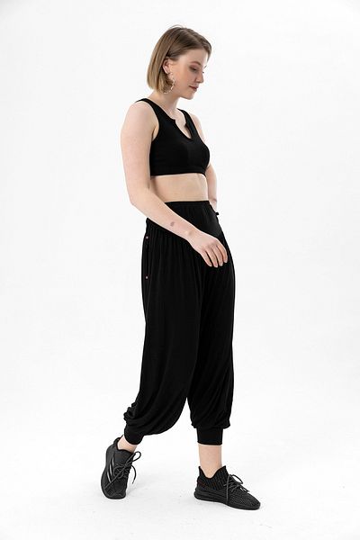 EtkiModa Women's Black Side Laced High Waist Cuffed Leg Baggy Trousers