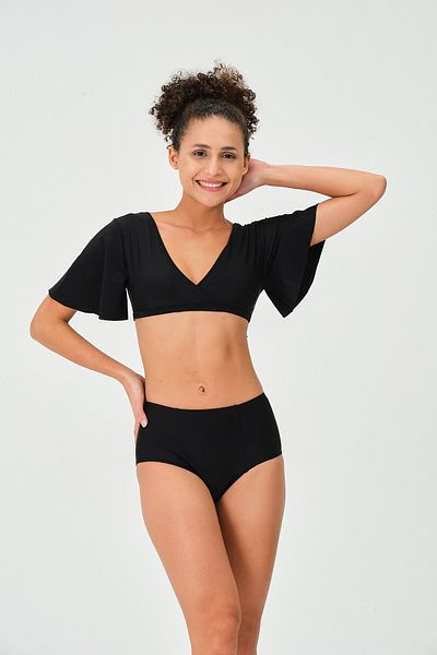 vawensea Women's High Waist Bikini Set with Sleeves Black (with Breast Pad)
