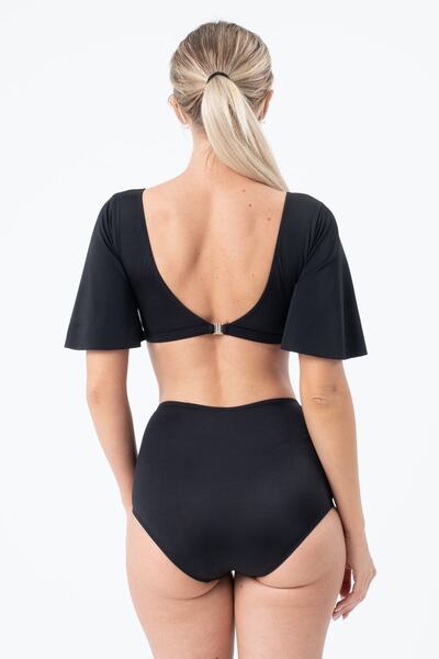 vawensea Women's High Waist Bikini Set with Sleeves Black (with Breast Pad)