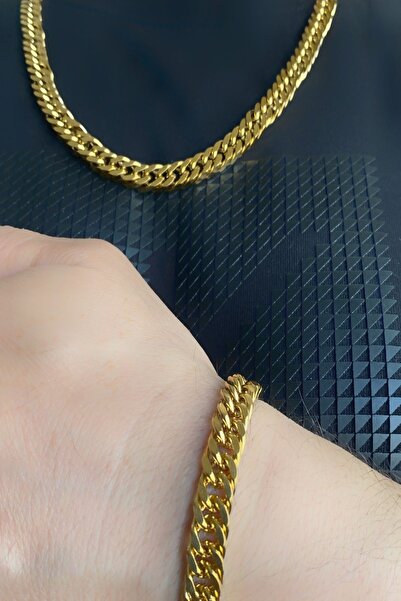 axexuar Chain Necklace And Bracelet Set Stainless 316l Steel Women Men Thick Flat Knitted Shiny Gold Yellow