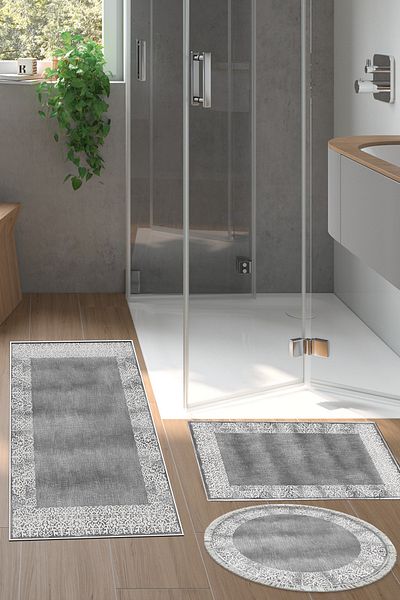Dekoreko Non-Slip Base Djt 3-Piece Bathroom Mat Set Star Cotton Mixed Round Modern 1460 Gray