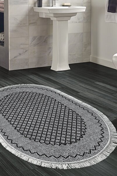 Dekoreko Kaymaz Taban Djt Banyo Halısı Trend Saçaklı Oval Modern M5001 Gri