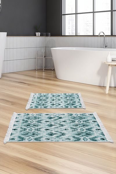 Dekoreko Set covoraș de baie cu talpă anti-alunecare Djt 2 piese Star piele cu franjuri Scandinav F5136 Turcoaz