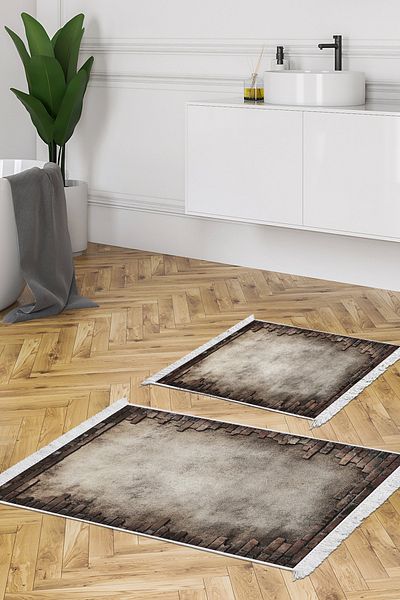 Dekoreko Non-Slip Base Djt 2 Piece Bathroom Mat Set Star Leather Fringed Modern F5049 Gray