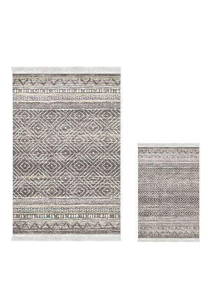 Dekoreko Non-Slip Base Djt 3-Piece Bathroom Mat Set Star Cotton Mixed Round Scandinavian F5087 Gray