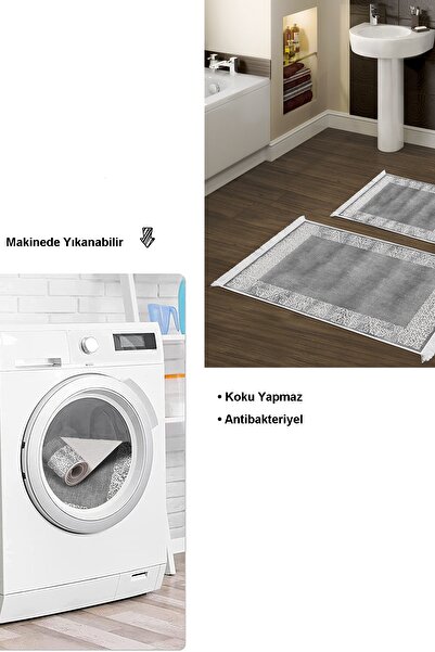 Dekoreko Non-Slip Base Djt 2 Piece Bathroom Mat Set Trend Fringed Modern 1460 Gray