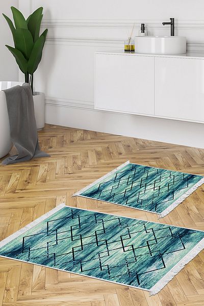 Dekoreko Set covoraș de baie cu bază anti-alunecare Djt 2 piese Trend Fringe Modern M5006 Albastru