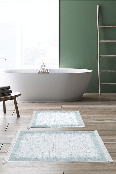 Dekoreko Set covoraș de baie cu bază anti-alunecare Djt 2 piese Trend Fringe Modern 1342 Albastru