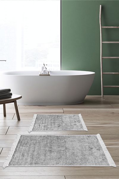 Dekoreko Non-Slip Base Djt 2-Piece Bath Mat Set Star Cotton Fringed Modern Mu134 Gray