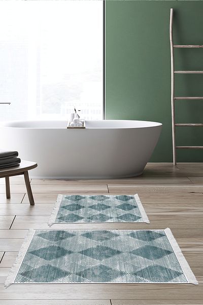 Dekoreko Set covoraș de baie cu bază anti-alunecare Djt 2 piese Trend Fringe Scandinavian F5131 Turcoaz