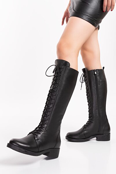 Elile Shoes Bağcıklı Baldırı Geniş Kadın Hakiki Deri Uzun Çizme 41-42 Numara