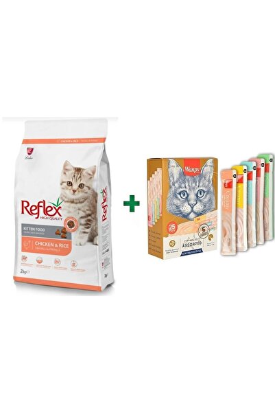 Reflex Yavru Tavuklu Ve Pirinçli Kitten Kedi Maması 2 Kg Ve Wanpy Karışık Sıvı Kedi Ödülü 25*14 Gr