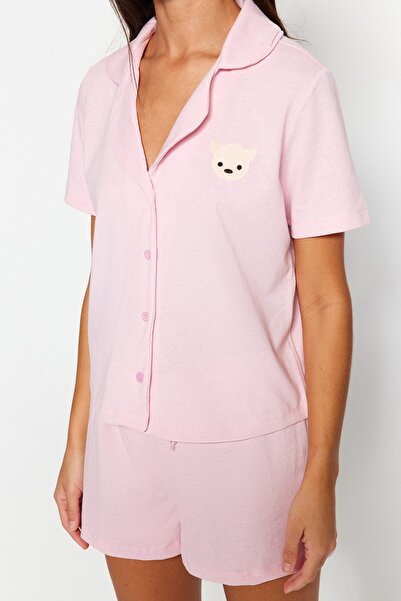 Trendyol Collection Light Pink Teddy Bear Knitted Pajamas Set with Shorts Thmss23Pt00012