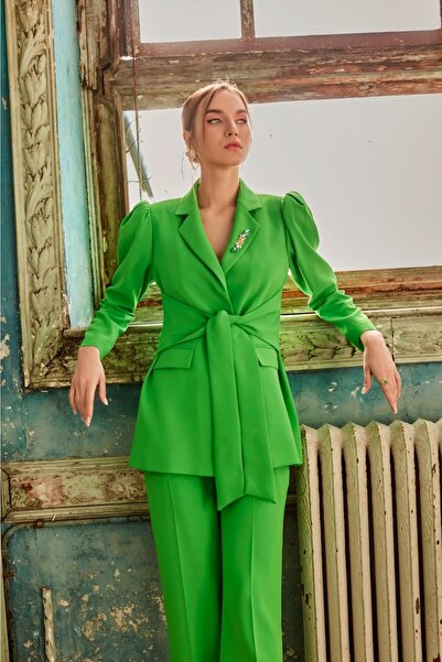 Yaqa Yakası Taşlı Yeşil Ceket