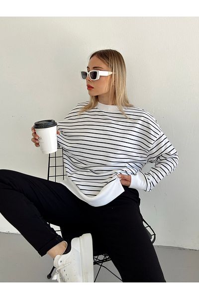 LACHT Γυναικείο φούτερ με λευκό μαύρο ριγέ Crew Neck Over Size