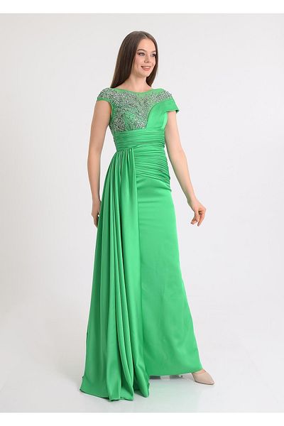 SpringStore Stone Printed Satin Evening Dress