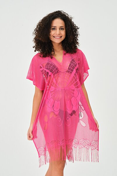 myfirstsea Pareo Lacy Butterfly Pattern And Plain Tassel Pareo Fuchsia Color Pareo For Beach And Pool