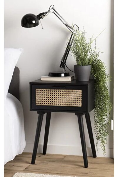 one design Hazeranlı Sehpa Komodin Siyah Ahşap Komodin Sehpa