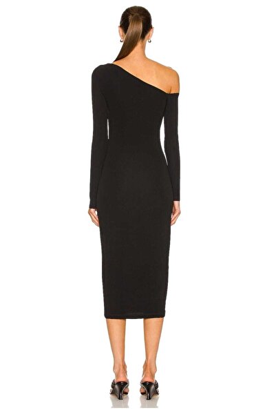 Zagrep Kadın Siyah Asimetrik Yaka Düşük Omuz Midi Elbise Çift Katlı Iç Göstermez