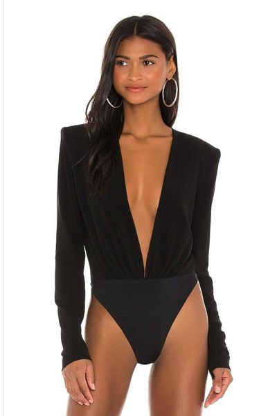 Zagrep Women's Black Padded Waist Drawstring Detailed Deep V Bodysuit Silk Jersey
