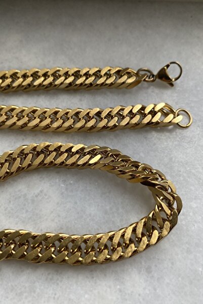 axexuar Chain Necklace And Bracelet Set Stainless 316l Steel Women Men Thick Flat Knitted Shiny Gold Yellow