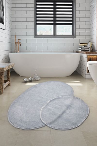 Dekoreko Cotton 2-Piece Toilet Set Bathroom Mat Oval Gray