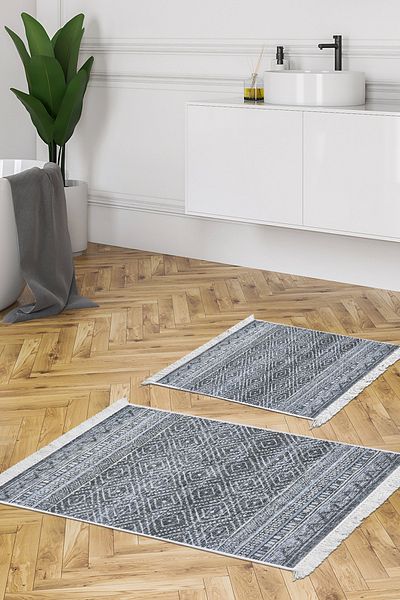 Dekoreko Set covoraș de baie cu talpă anti-alunecare Djt 2 piese Star piele cu franjuri Scandinav F5087 Albastru