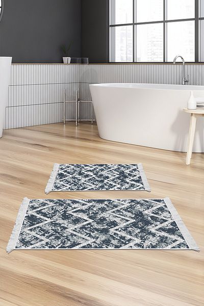 Dekoreko Set covoraș de baie cu bază anti-alunecare Djt 2 piese Trend Fringe Scandinavian F5128 Blue