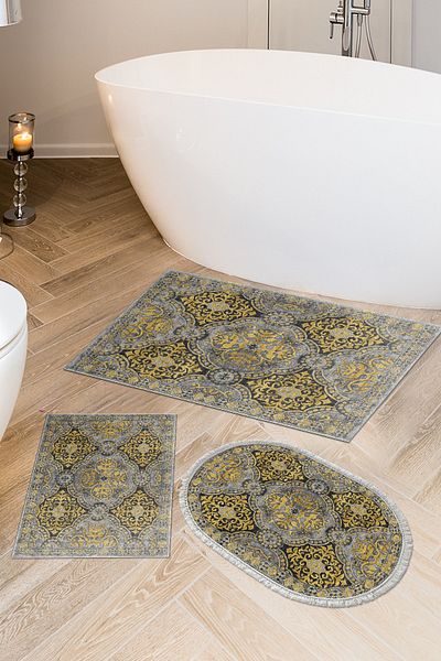Dekoreko Non-Slip Base Djt 3-Piece Bathroom Mat Set Star Leather Mixed Oval Modern 659m Yellow