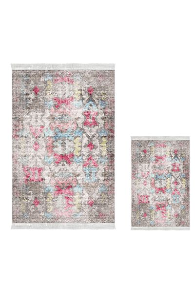 Dekoreko Non-Slip Base Djt 3-Piece Bathroom Mat Set Star Leather Mixed Oval Modern F5138 Colorful