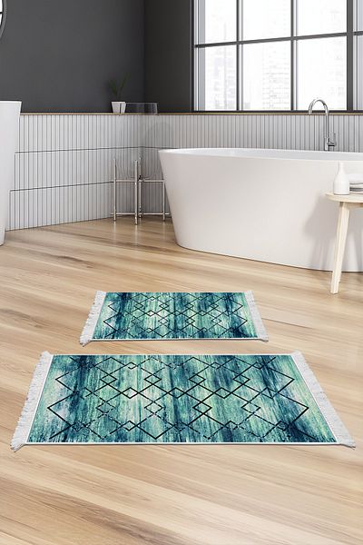 Dekoreko Set covoraș de baie cu bază anti-alunecare Djt 2 piese Star Bumbac cu franjuri Modern M5006 Albastru