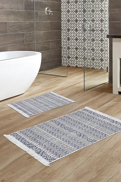 Dekoreko Set covoraș de baie cu bază anti-alunecare Djt 2 piese Trend Fringe Scandinavian F5082 Blue