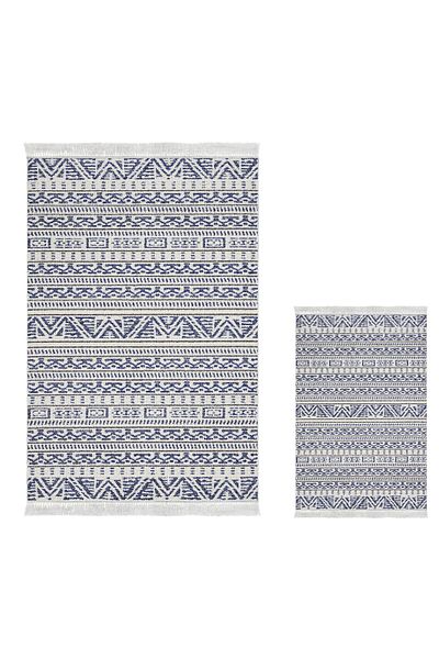 Dekoreko Set covoraș de baie cu bază anti-alunecare Djt 2 piese Trend Fringe Scandinavian F5082 Blue